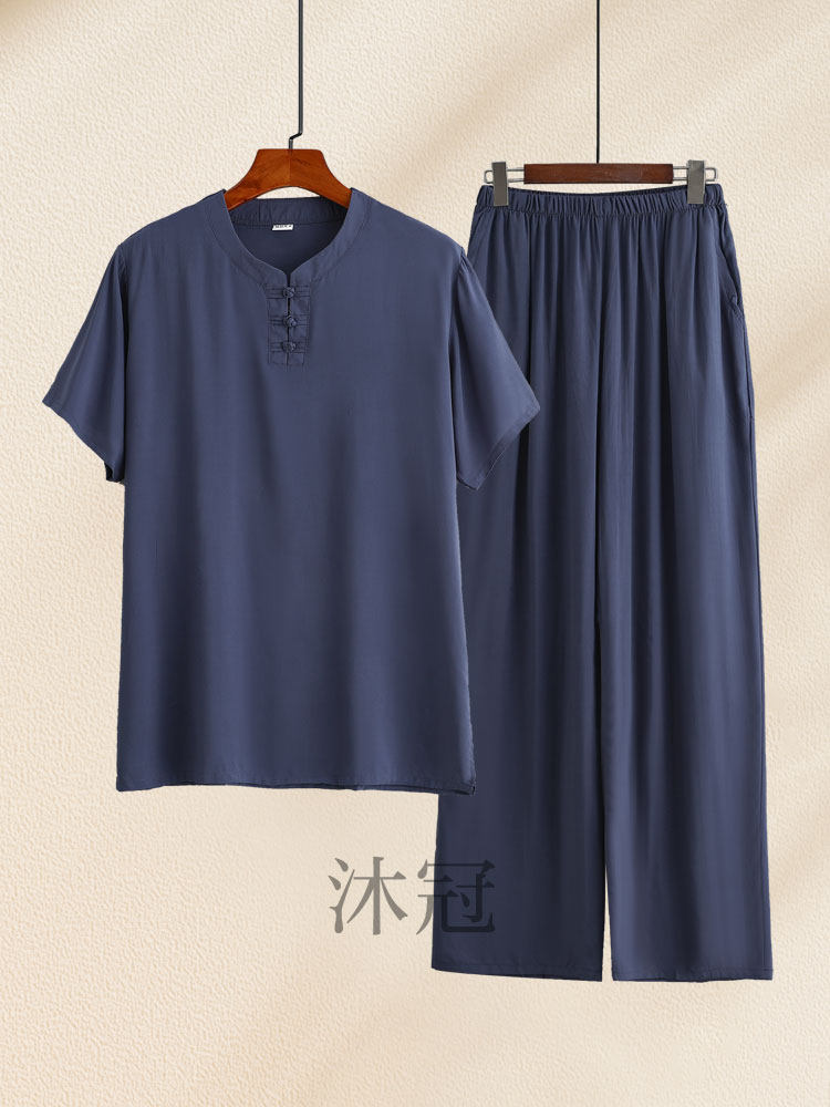 中老年绵绸睡衣男夏季薄爸爸短袖长裤休闲空调家居服人造棉稠套装