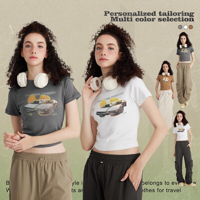 春夏新品220G插肩AE86印花短款T恤美式潮牌甜酷辣妹风显瘦短袖女