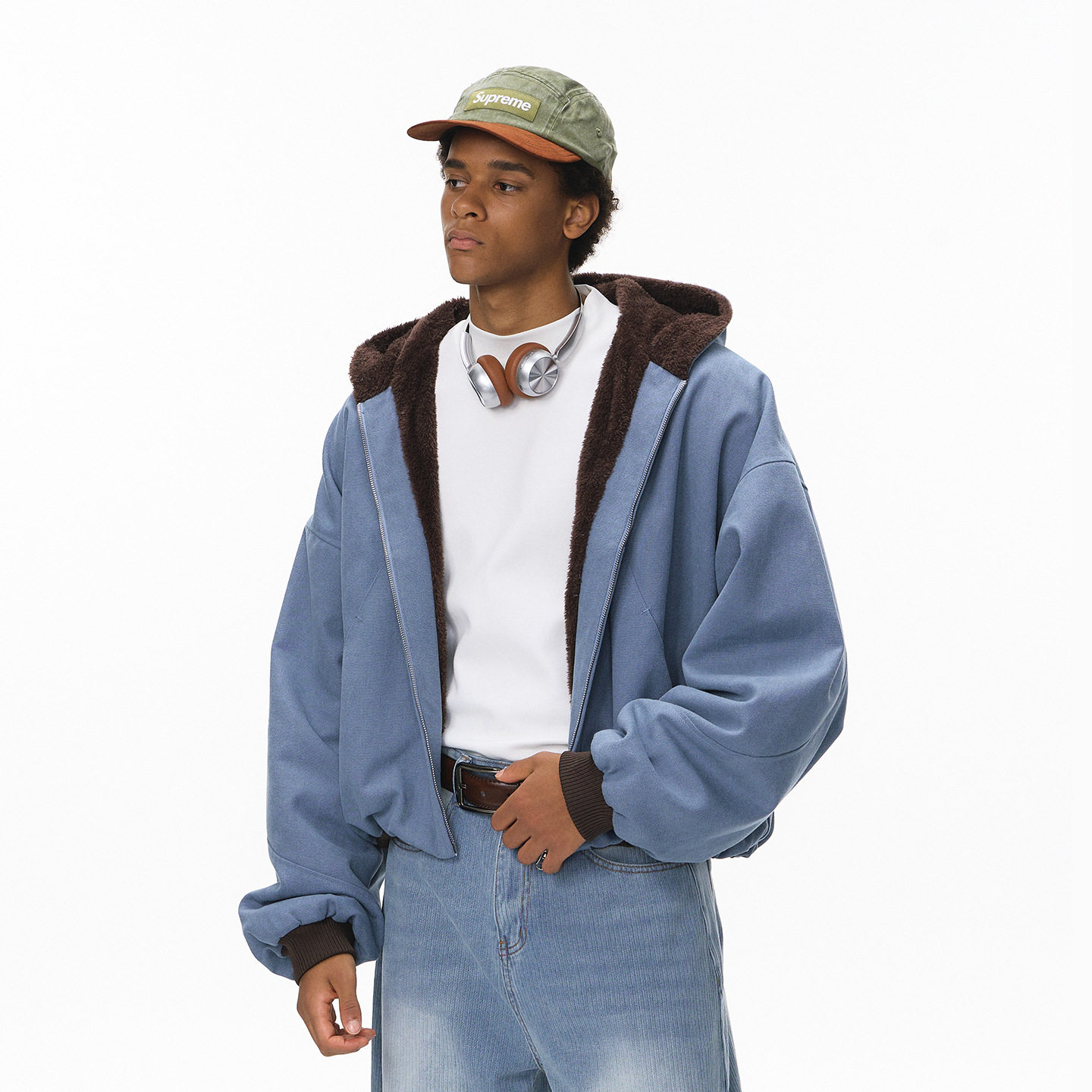 美式复古短款毛绒拉链外套秋冬新品ins潮牌街头撞色连帽卫衣男士