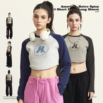 秋冬新品撞色插肩字母印花短款长袖T恤辣妹街头ins潮牌百搭上衣女