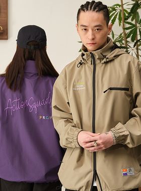 ACTIONS 户外机能冲锋衣夹克潮牌刺绣宽松防风可收纳连帽外套男女