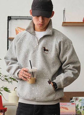 ACTIONS 腊肠狗刺绣半拉链立领卫衣重磅空气层宽松烧花运动上衣男