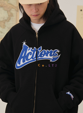 ACTIONS 秋冬季插肩加绒贴布绣拉链连帽卫衣美式宽松开衫外套男潮