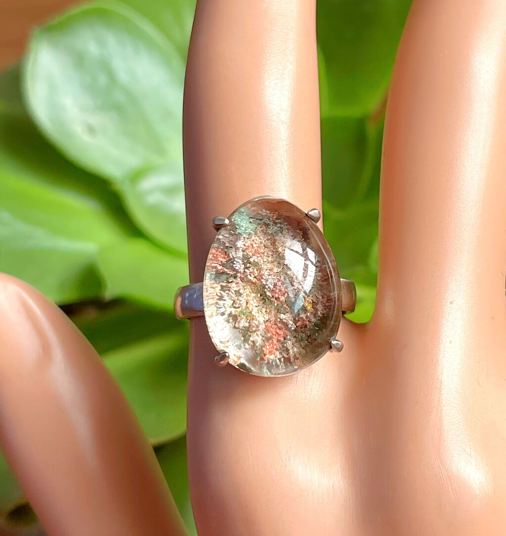 天然水晶戒指巴西绿幽灵戒指彩幽灵戒指戒面水滴面手工银包女礼物