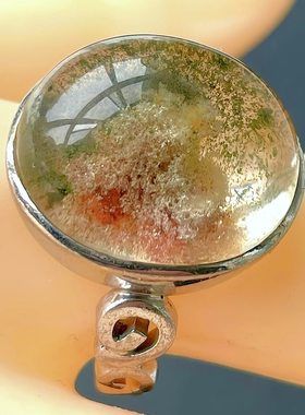 天然水晶戒指绿幽灵戒指巴西绿幽灵彩幽灵晶中山戒指手工银包礼物