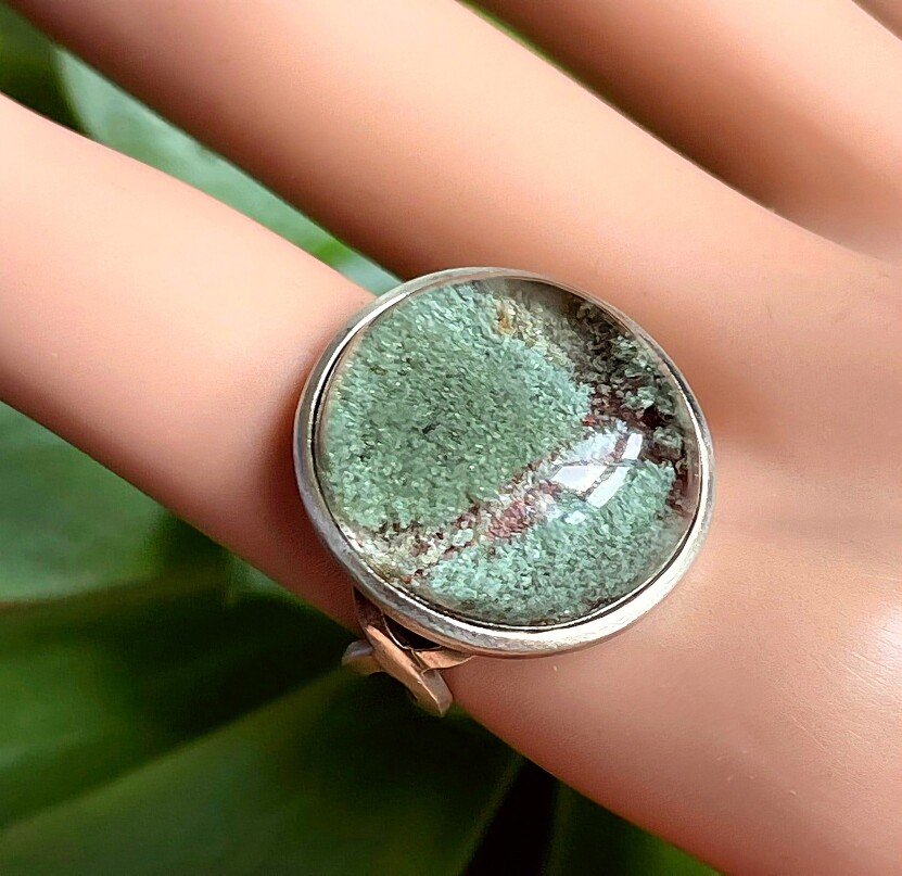 天然水晶戒指巴西绿幽灵戒指戒面彩幽灵戒指圆面银包生日礼物女