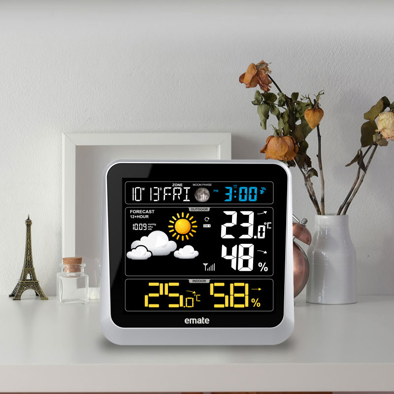 易美特大屏数显彩屏气象站 多功能室内外温湿度计时间日期气象钟