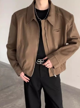 cleanfit短款夹克男款春秋痞帅美式垫肩外套高级感黑色翻领棒球服