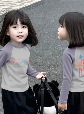 纯棉女童拼色长袖T恤儿童2025新款上衣撞色秋装休闲薄款洋气打底