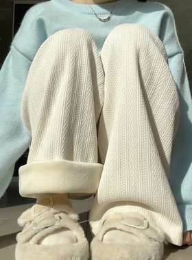 白色加绒阔腿裤女2025新款秋冬季加厚棉裤小个子雪尼尔灯芯绒裤子