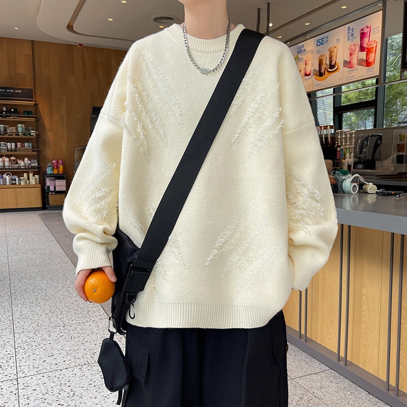 WASSUP日系圆领保暖毛衣男士秋冬季2024新款潮休闲宽松落肩情侣款