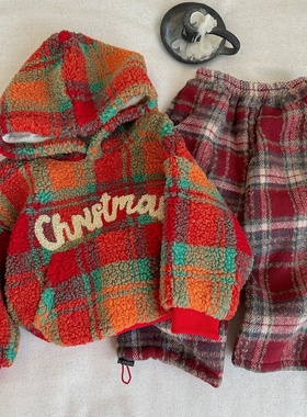 圣诞男女童连帽加绒卫衣套装冬季新款中小童洋气保暖休闲裤两件套