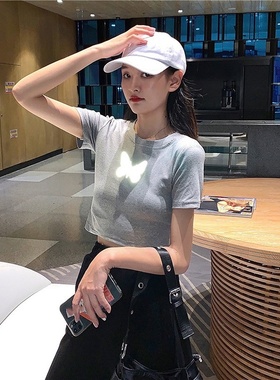 反光蝴蝶短袖t恤女夏季2025年新款露脐黑色打底衫短款洋气上衣潮