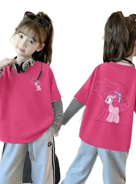 女童新款T恤宝宝撞色拼接内搭长袖卡通中大童春秋纯棉打底上衣潮
