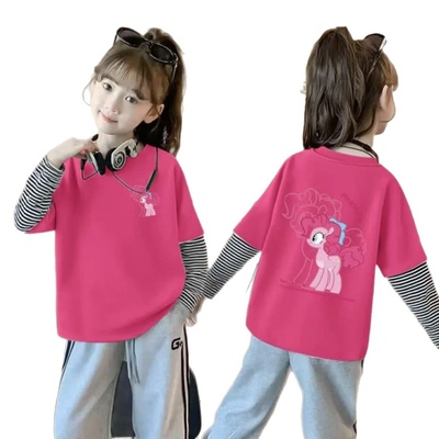 女童新款T恤宝宝撞色拼接内搭长袖卡通中大童春秋纯棉打底上衣潮