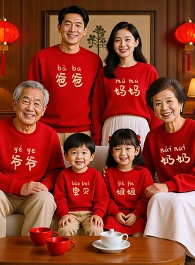 红色全家福拍照服大家庭 亲子装卫衣大码宽松爷爷奶奶全家装上衣