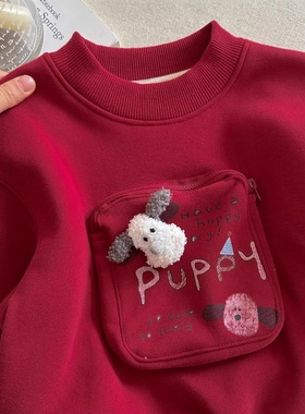 男童卫衣加绒加厚冬季男孩炸街痞帅上衣宝宝秋冬洋气儿童冬装红色