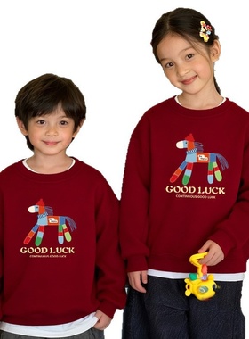 2026马年卡通亲子装可爱印花加绒加厚圆领卫衣喜庆大红色母女装潮