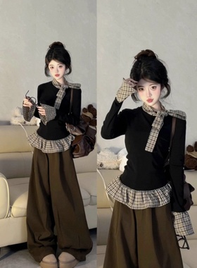 2025秋季新款假两件格纹拼接黑色洋气内搭修身长袖T恤打底衫女ins