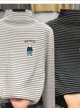 儿童德绒打底衫半高领长袖T恤潮款简约条纹上衣德绒保暖衫男女童