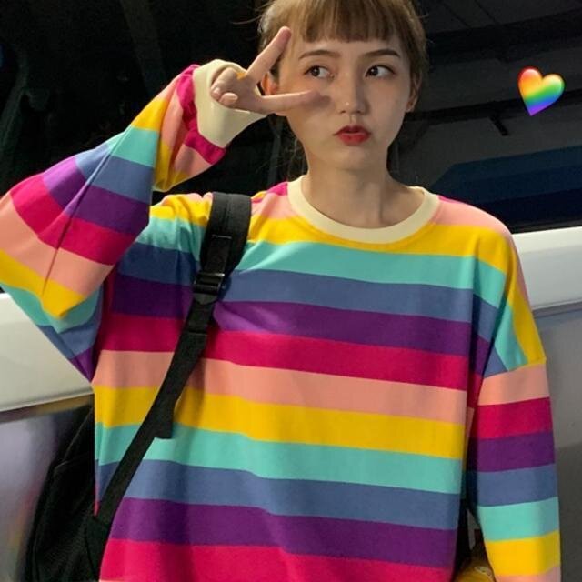 2025秋季新款薄款女装彩虹条纹长袖T恤女宽松原宿风网红同款上衣