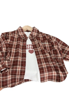 2025年春装男童磨毛红色格子长袖衬衫中大童韩版纯棉衬衣宝宝上衣