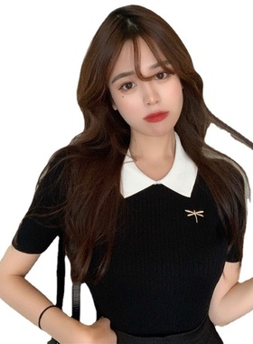 夏季2025新款韩版女装POLO刺绣修身黑色针织短袖t恤学生上衣女潮