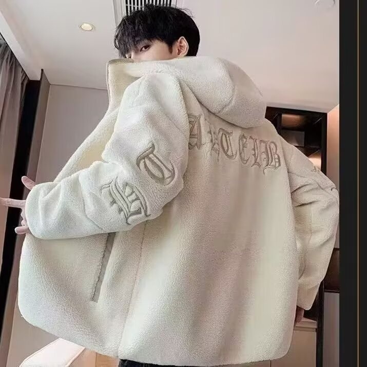 羊羔绒外套男士秋冬款颗粒绒加绒加厚开衫连帽卫衣青少年学生棉衣