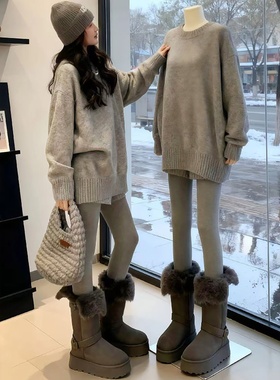 灰色竖条纹打底裤女秋冬季新款大码加绒保暖棉裤外穿紧身羊绒秋裤