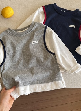 儿童假两件T恤秋季2025新款男女童字母背心学院风宝宝上衣女洋气