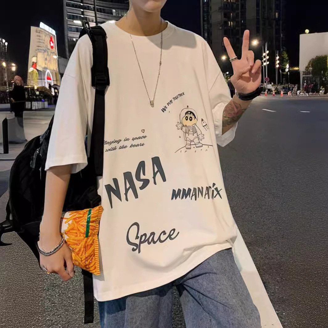 纯棉t恤男大码宽松潮牌五分袖卡通上衣ins港风嘻哈休闲夏季短袖