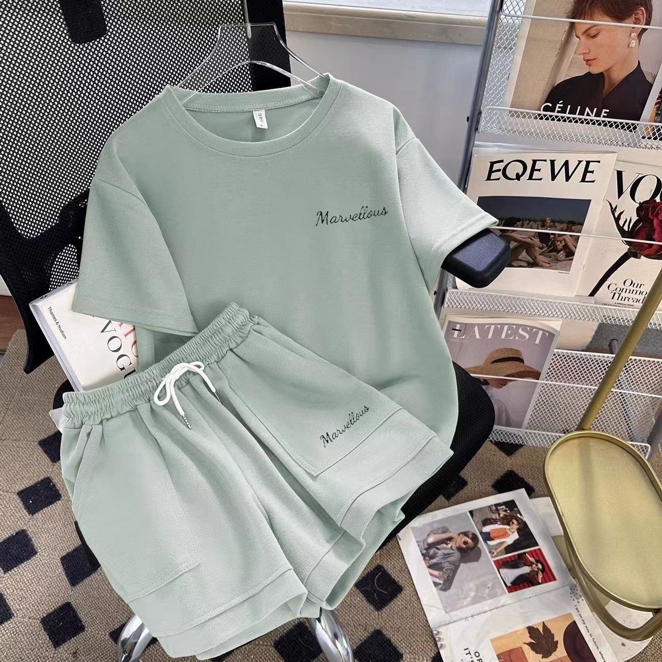 时尚减龄短袖短裤运动套装女夏季韩版宽松显瘦休闲风阔腿裤两件套