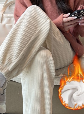 白色雪尼尔运动裤女裤子秋冬季2025新款加绒加厚超厚束脚卫裤外穿