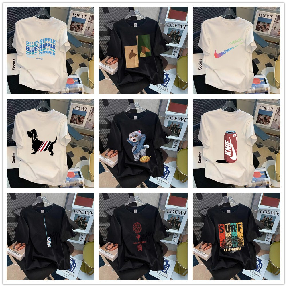 纯棉t恤衫2023潮牌运动新款男式宽松大码圆领印花网红款打底上衣