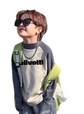 男童长袖t恤德绒春秋款内搭打底衫大中小童百搭字母印花拼色上衣