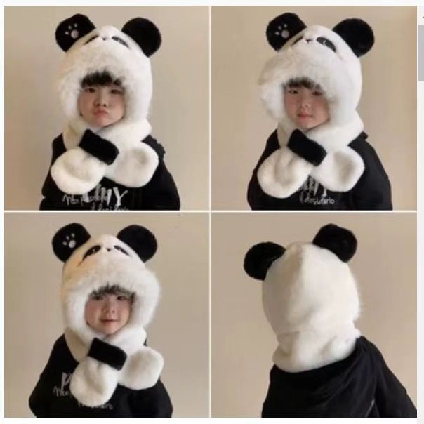 儿童帽子围巾一体毛绒帽冬季卡通熊猫加绒加厚围脖男女宝宝护耳帽