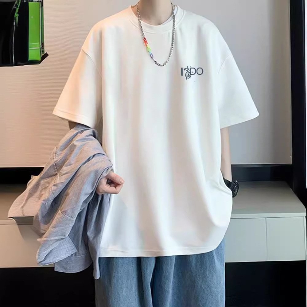 100%纯棉新款休闲潮流t恤男宽松青少年潮牌简约短袖男生大码上衣