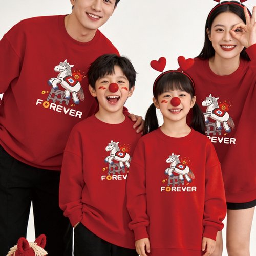 2026马年亲子加绒红卫衣秋冬全家款生肖小马喜庆拜年服本命年潮服