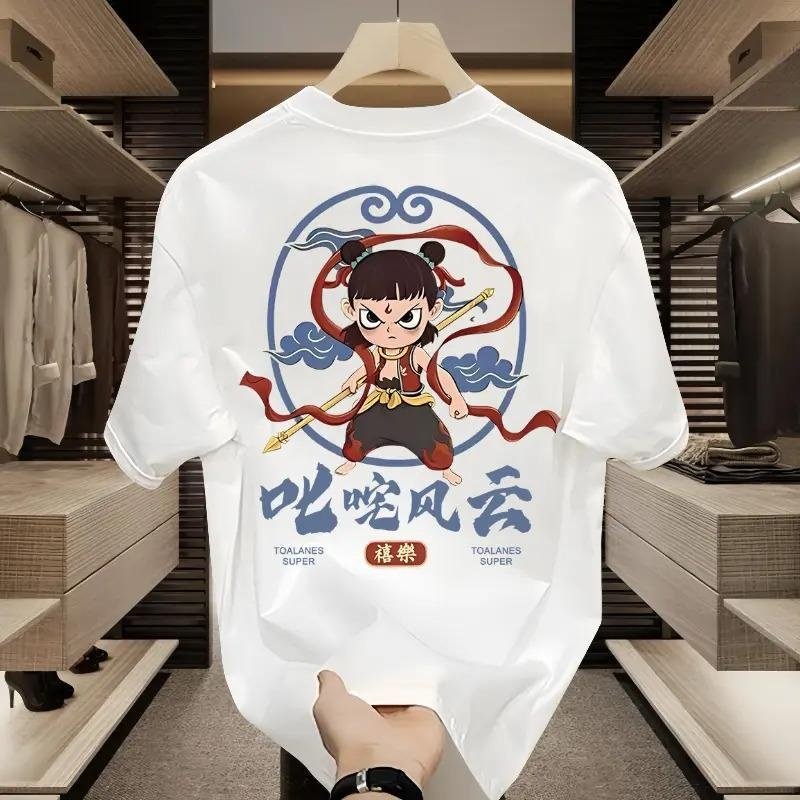 2025新款潮牌情侣纯棉短袖T恤女圆领上衣潮牌潮流哪吒主题印花ins