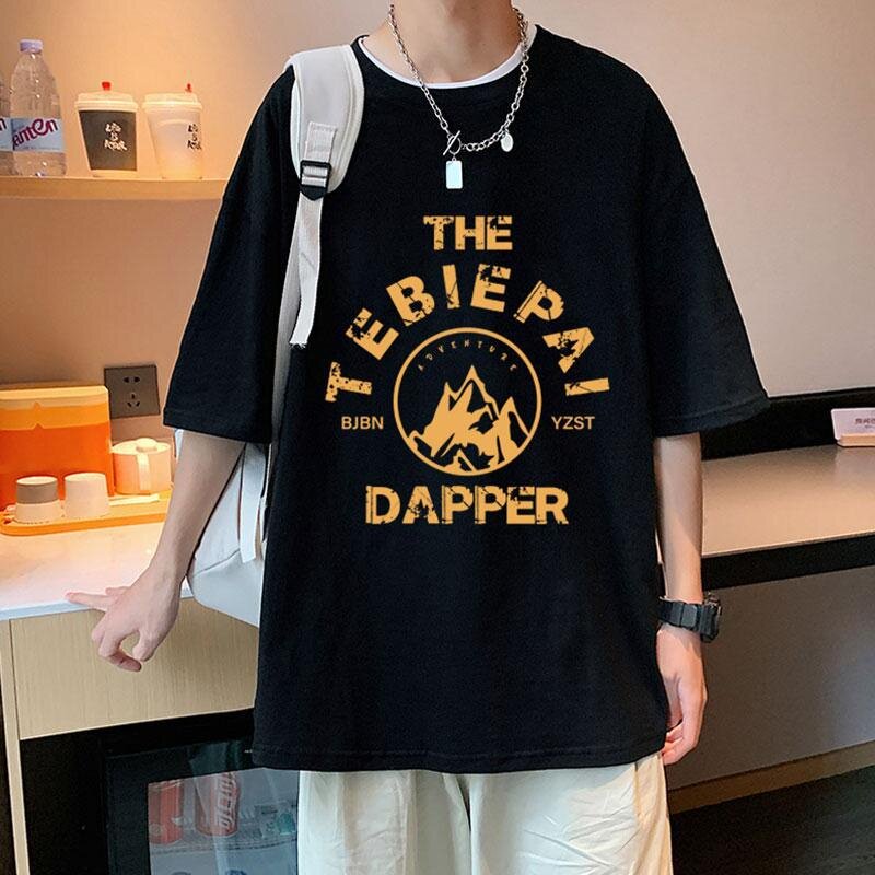 青少年大码男装宽松2-300斤T恤100%纯棉夏季百搭小众印花短袖上衣