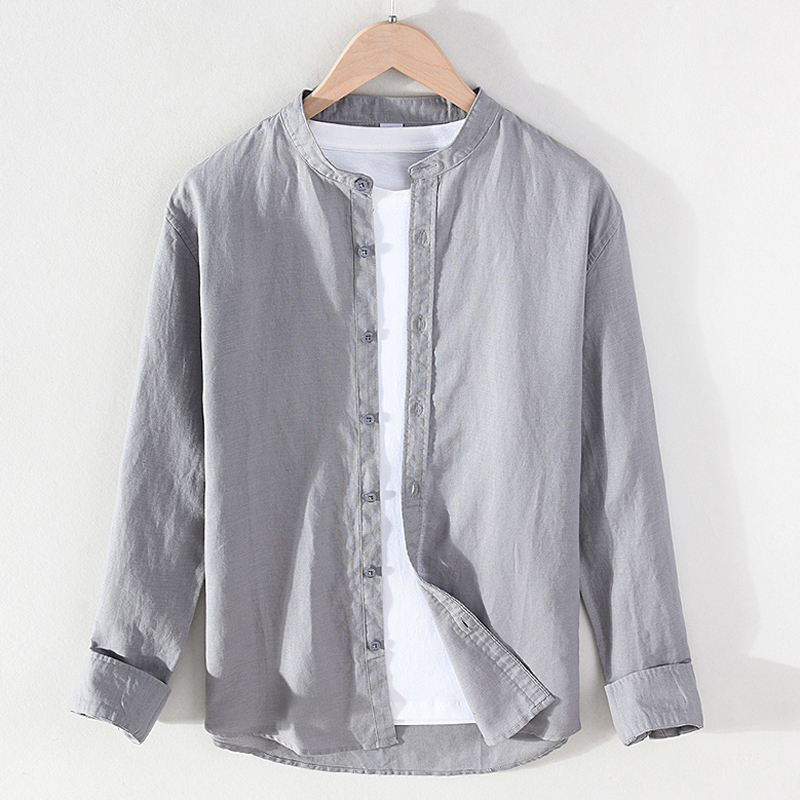 衬衣外套无领麻布料上衣服