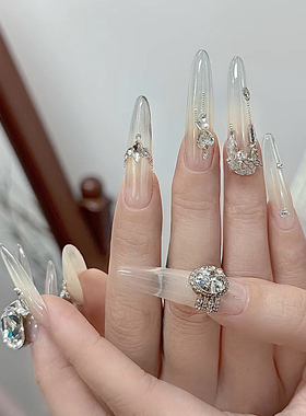 ElsaNail手工穿戴甲重工轻奢高级感美甲成品长新款显白新娘爆闪钻