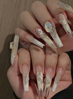 ElsaNail手工定制穿戴甲高级感方糖爆闪钻石美甲可拆卸新娘甲贴片