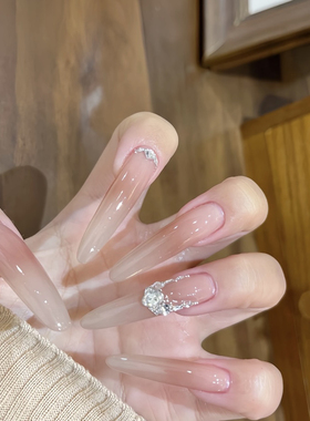 ElsaNail纯手工穿戴甲裸色超嫩腮红氛围感长椭圆甲型巨显白可拆卸