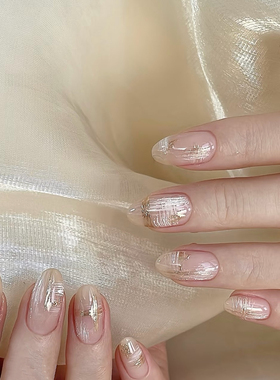 ElsaNail金属香槟格纹氛围感手工穿戴甲高级显白拆卸假指甲美甲贴