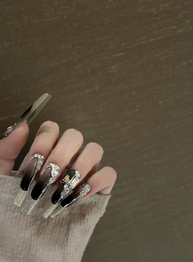 Elsanail穿戴甲黑色渐变猫眼法式高级轻奢指甲贴可拆卸美甲成品