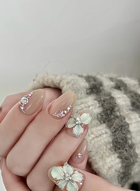 ElsaNail纯手工穿戴婚甲片短款雕花冰花青山粉黛立体爆闪碎钻高级