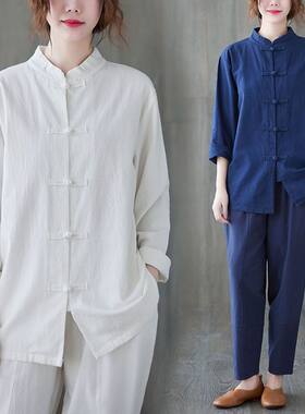 棉麻复古立领中式盘扣上衣春秋新款太极服禅意宽松大码上衣衬衫女
