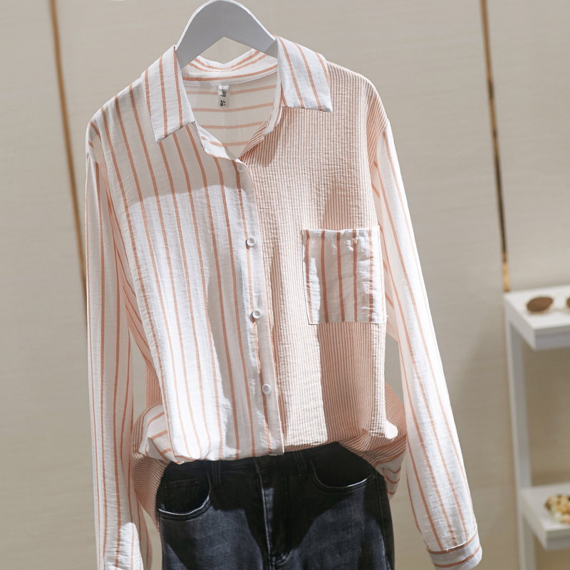 Long sleeve shirt women's 2021 new loose stripe versatile top