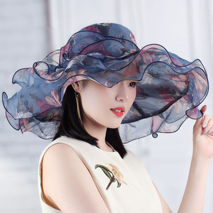 女夏天时尚遮阳防晒太阳帽子出游透气花朵欧根纱大沿荷叶边沙滩帽